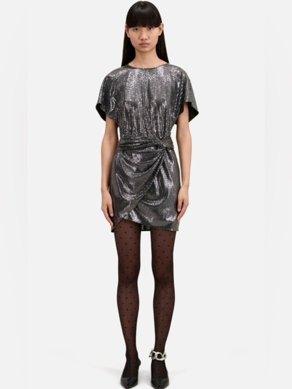 NWT The Kooples Silver Metallic Draped Mini Dress 2 = US 6 8